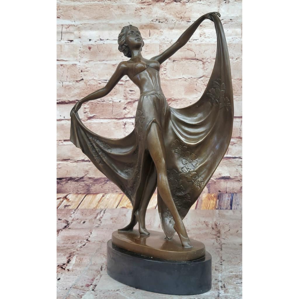 Art Deco Bronze Dancer With Flowing Drapery On Marble Base Signed Original Cesaro