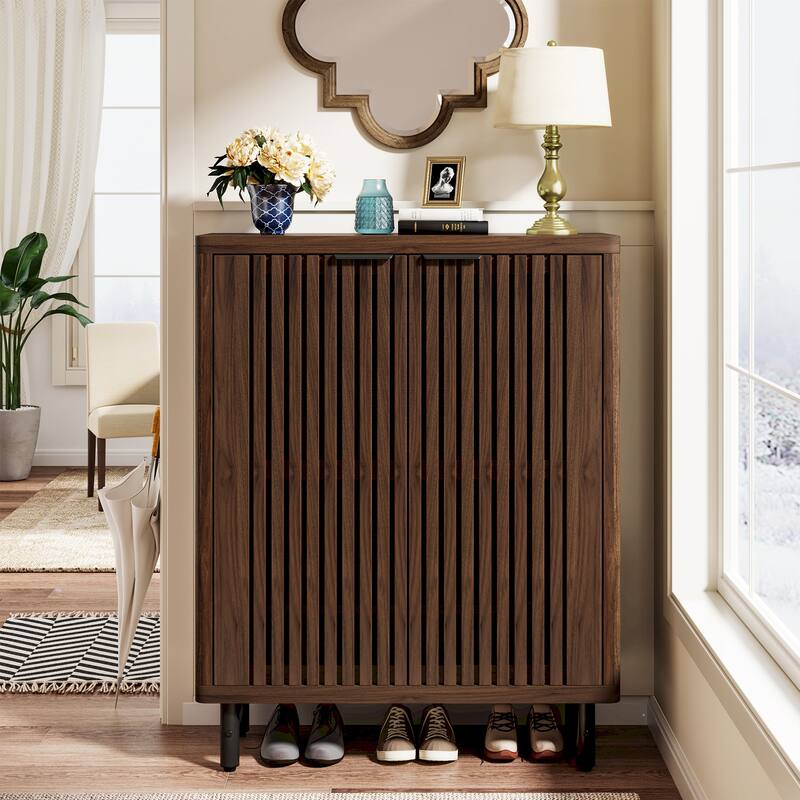 Wooden Shoe Cabinet with Shutter Doors, Adjustable Shelves Large Hidden Storage Organizer Rack for Entryway Hallway