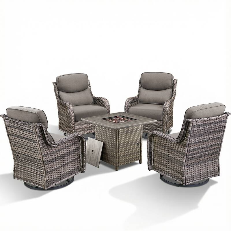 Pocassy Outdoor Propane Fire Pit Table with Sofa Swivel Chair Funiture Set.