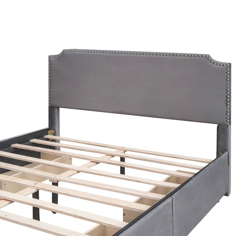 Queen Platform Bed Frame w/ 4 Storage Drawers Velvet Upholstered Headboard w/ Rivets Trim & Footboard, Storage Bed for Bedroom