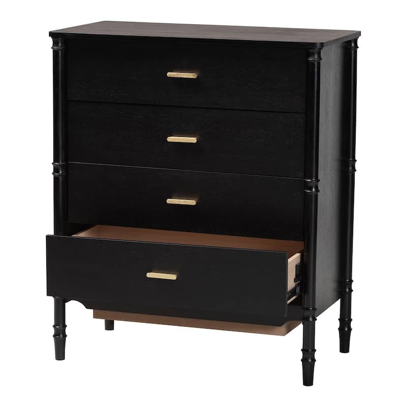 Marisela Black Wood Chest of Drawers with Gold Handles - 4-Drawer Dresser with Bamboo-Inspired Legs, Modern Transitional Accent