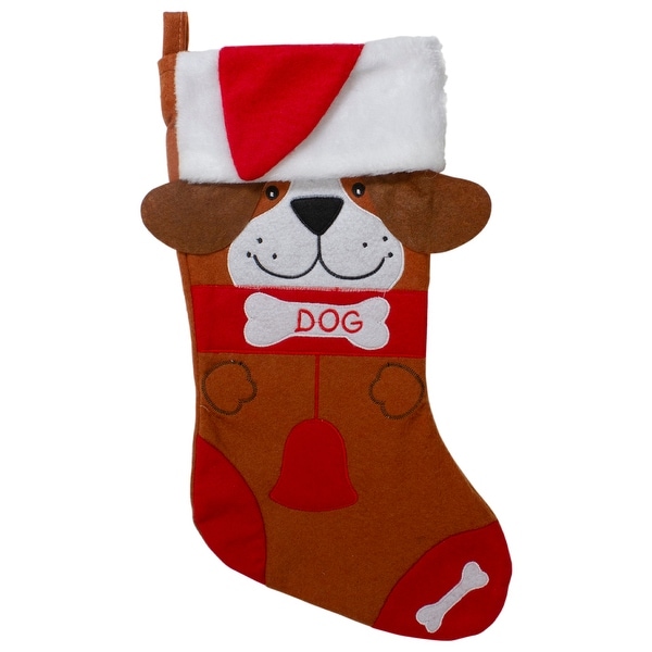 17" Red and Brown "DOG" Embroidered Christmas Stocking with Cuff. Opens flyout.