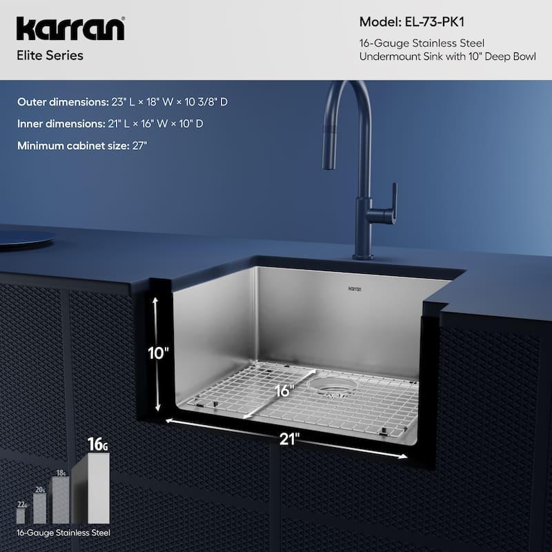 Karran 23" Undermount Single Bowl Stainless Steel Kitchen Sink Kit
