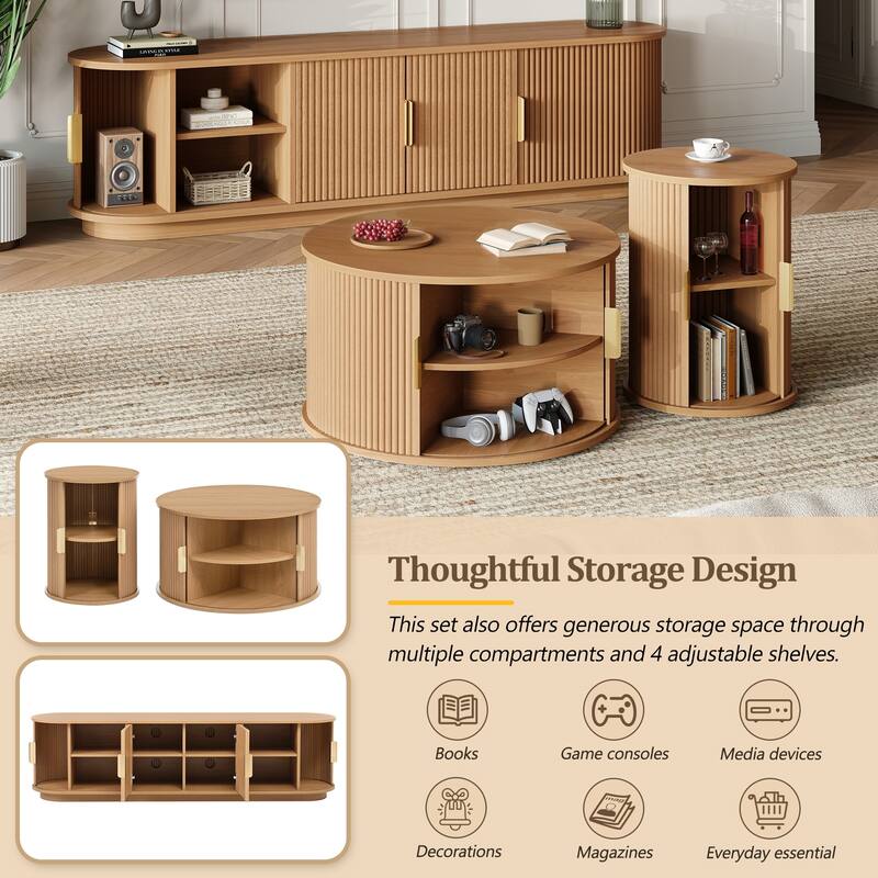 Fluted Sliding Door TV Stand & Coffee Table Set, Wooden Media Cabinet TV Console for TVs up to 75", 3-Piece Living Room Set