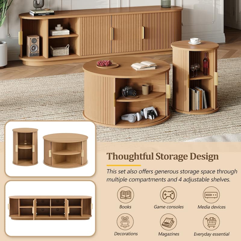 Roomfitters Wooden TV Stand & Coffee Table Set with Fluted Sliding Doors, Golden Handles & Cable Hole for TVs up to 75"
