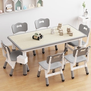 Kids Table & 6 Chairs Set with Storage Box, Graffiti Drawing Desktop ...