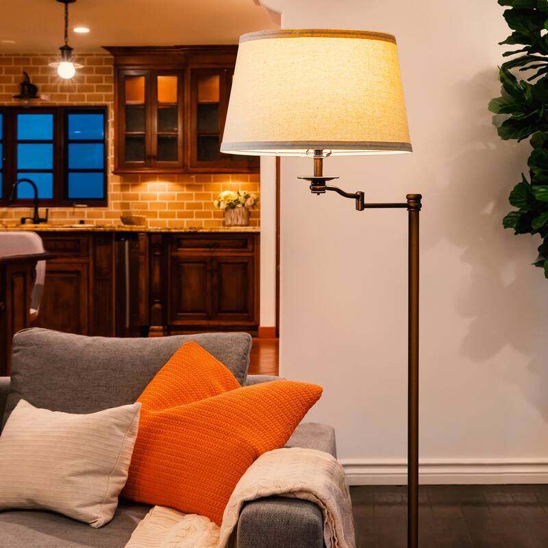 Brightech Caden 62 in. Oil Brushed Bronze Mid-Century Modern Extendable LED Floor Lamp with Beige Fabric Drum Shade