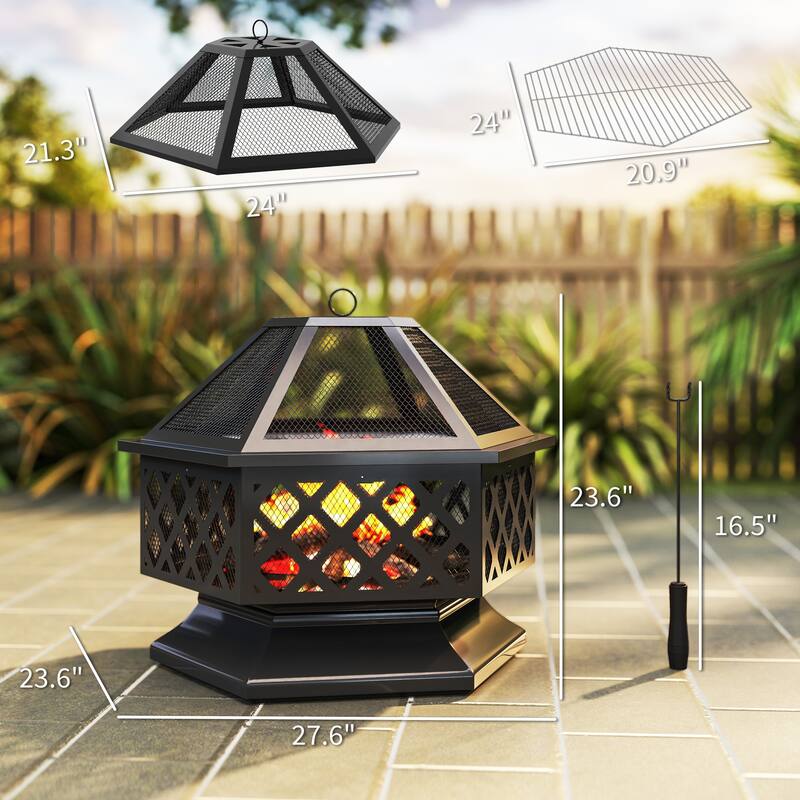 Hexagon Outdoor Fire Pit and BBQ Grill Black Steel with Mesh Lid Poker and Grill Grate 27.6 Inch - 27.6" L x 23.6" W x 23.6" H