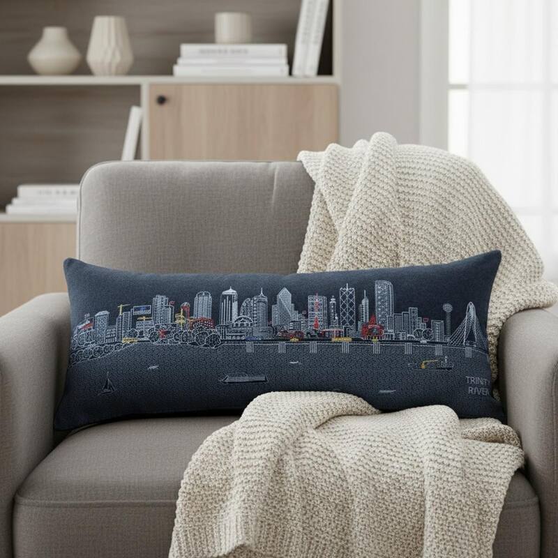 HomeRoots 14" X 35" Dark Gray And White Dallas Nighttime Skyline Lumbar Decorative Pillow