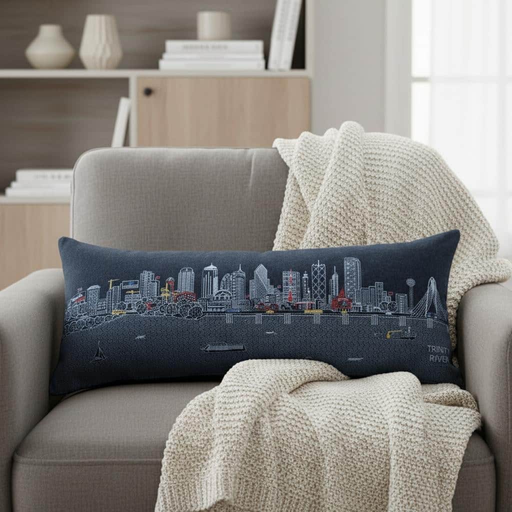 HomeRoots 14" X 35" Dark Gray And White Dallas Nighttime Skyline Lumbar Decorative Pillow