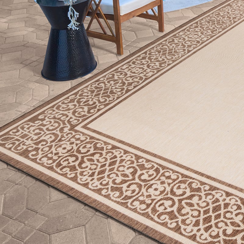 Gertmenian Paseo Tedo Sand/Havana Transitional Scroll Boarder Indoor/ Outdoor Area Rug