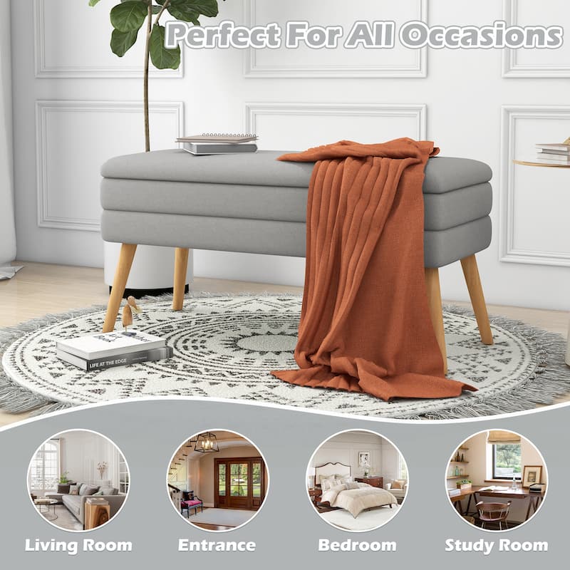 Upholstered Storage Ottoman Bench with Wood Legs