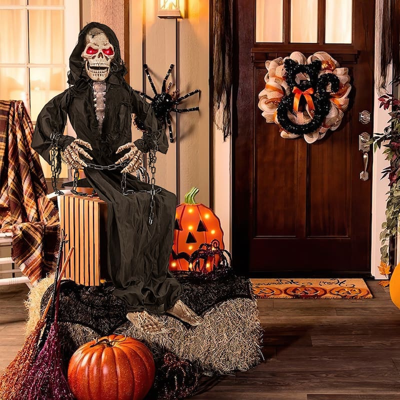 Gymax Halloween Animatronics Animatronic Sitting Skeleton Halloween