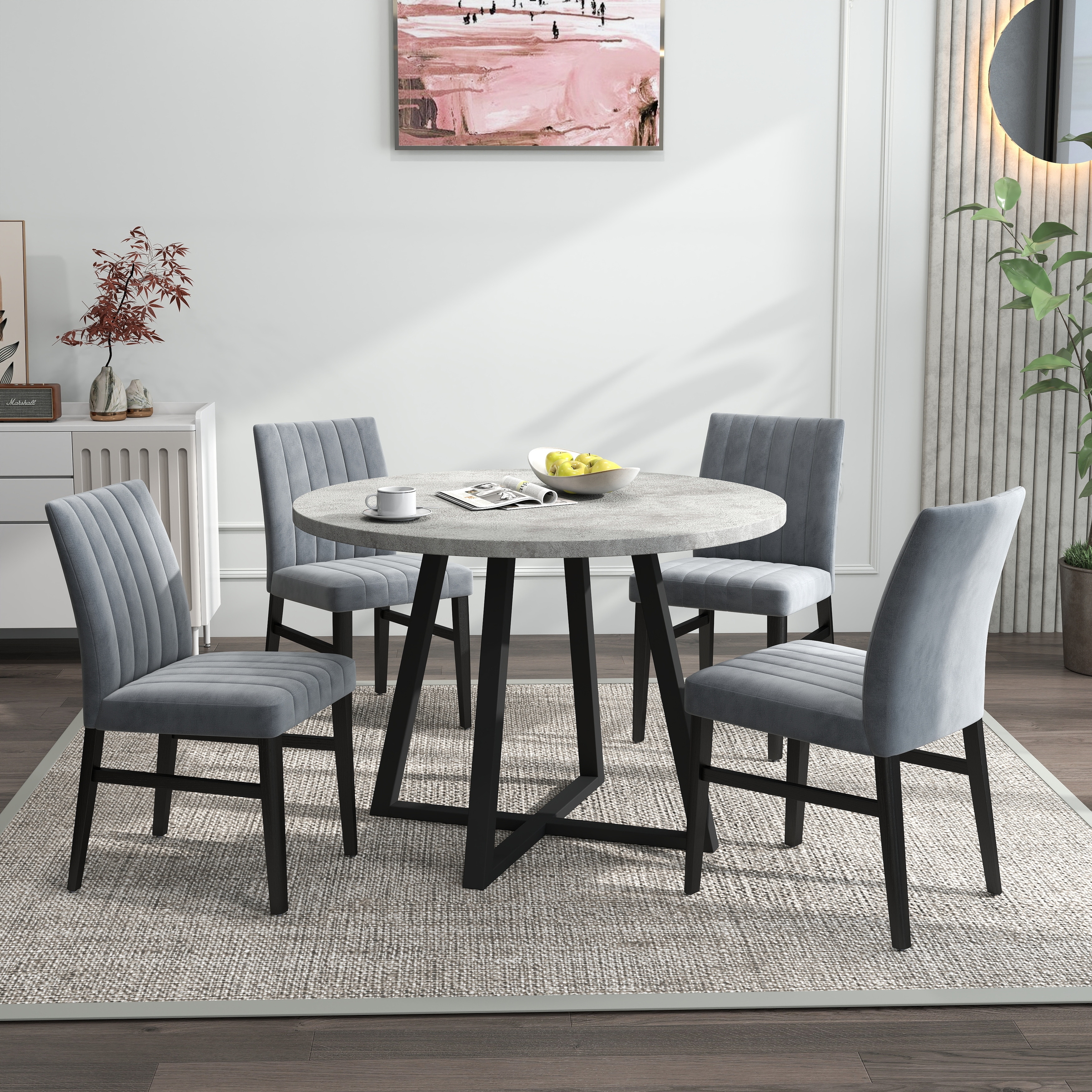 5-Piece Dining Set with 4 Gray Upholstered Chairs & Round Table