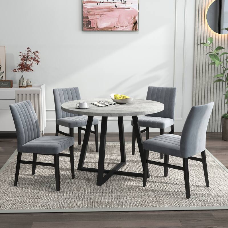Roundhill Furniture Edo 5-Piece Dining Set, Round Table with 4 Upholstered Chairs, - Grey