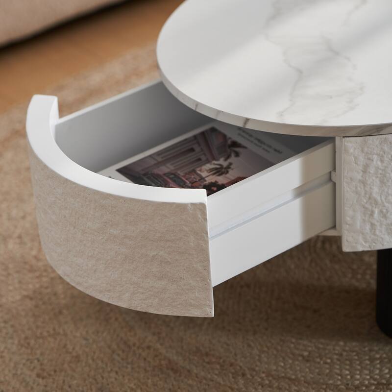 Oval Coffee Table with Faux Marble Tabletop, Mid Century Modern Coffee Table with Hidden Drawer and Storage Space