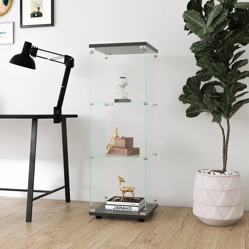 One-Door Glass Display Cabinet with 3 Shelves, Floor Standing Curio Bookshelf with Tempered Glass for Living Room Bedroom Office - Black - 1-Door 3-Shelves