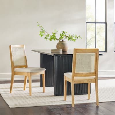 Modern Solid Wood Dining Chair with Rattan Inset Back, Set of 2, Natural