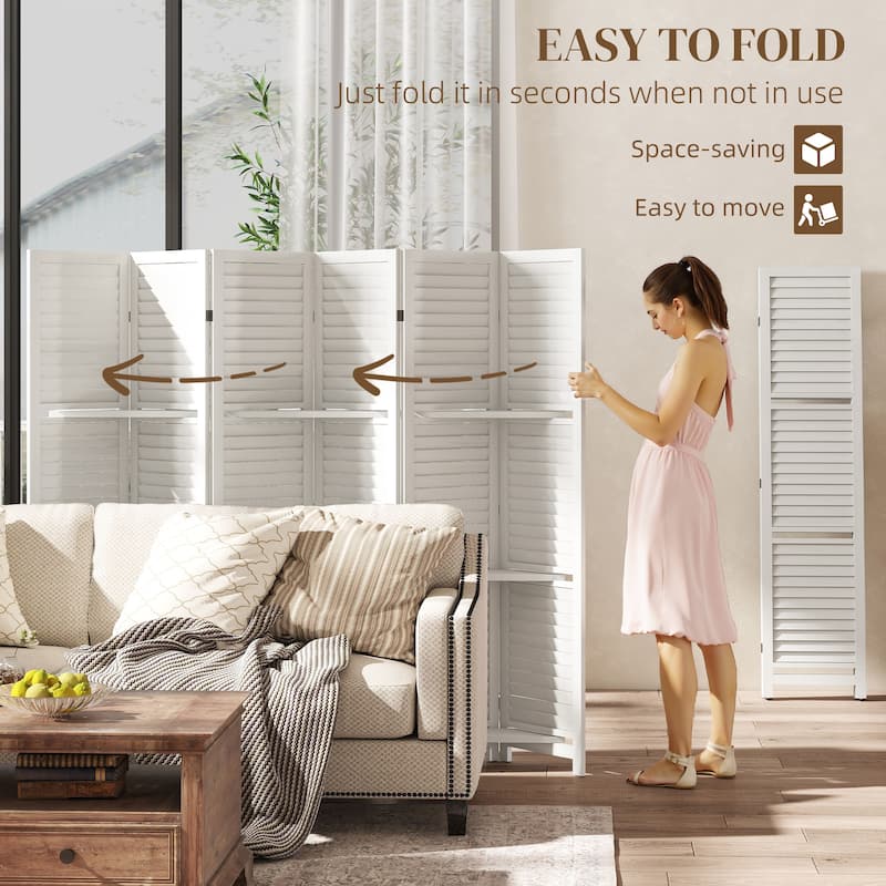 HOMCOM Room Divider, 6 Panel 67" Tall Wood Privacy Screen with 3 Display Shelves, and Folding Storage for Bedroom, Gray
