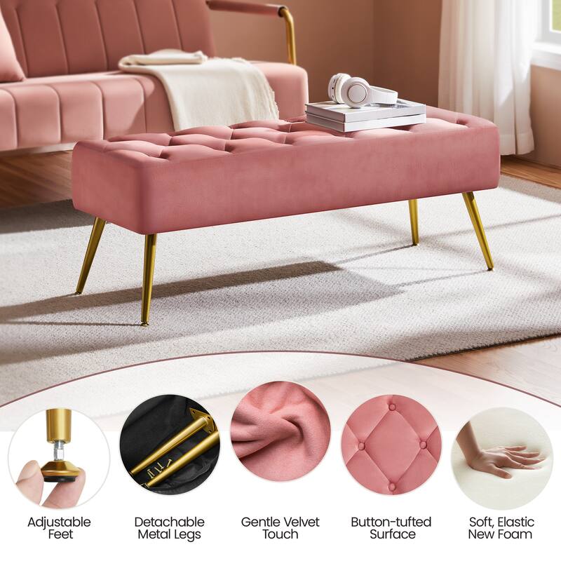 Yaheetech Upholstered Footstool Velvet Ottoman Button-Tufted Table Bench - 45"×16"×17"