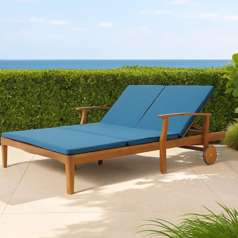 Hoye Double Chaise Lounger Recliner Bed, Outdoor, 79 Inch, Acacia Wood