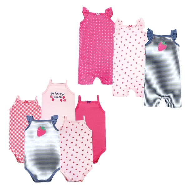 slide 1 of 1, Hudson Baby Infant Girl Cotton Bodysuits and Rompers, 8-Piece, Pink Strawberry 0 - 3 Months - Blue/Pink