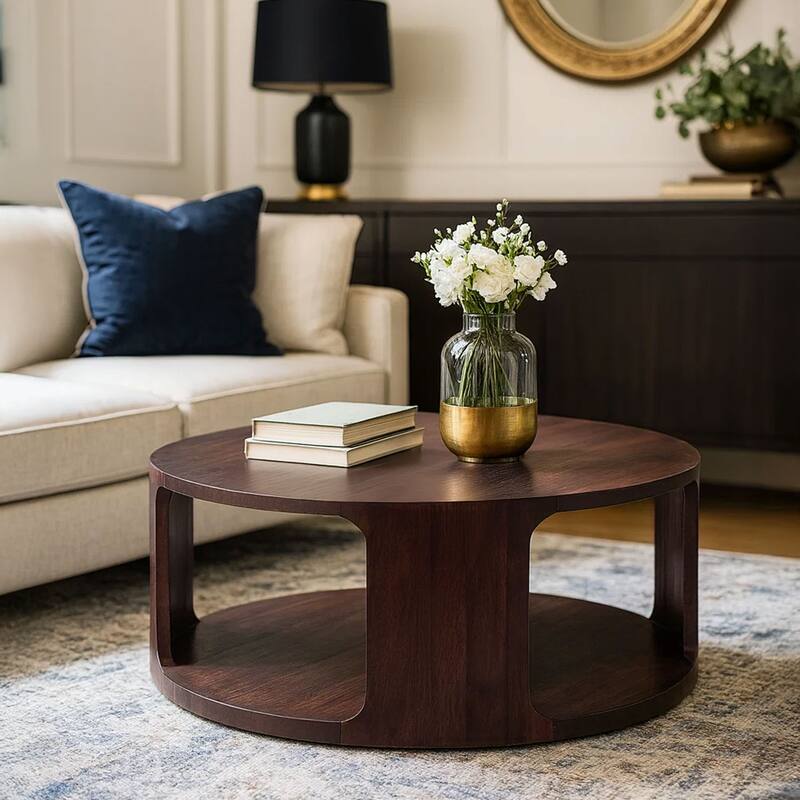 Bard Coffee Table, 38 Inch Round Top with Shelf, Walnut Brown Mango Wood Sculptural Frame