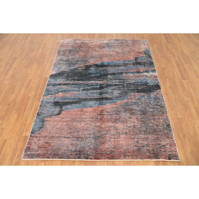 Hand Knotted Oriental Viscose Silk Carpet Modern Pictorial Coral Abstract Area Rug - 7' 8'' X 5' 6''