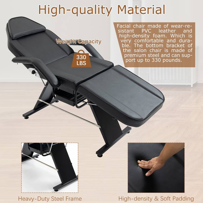 Massage Salon Tattoo Chair - 3-Section Adjustable Facial Bed with Two Trays & Hydraulic Stool, Multi-Purpose Spa Equipment