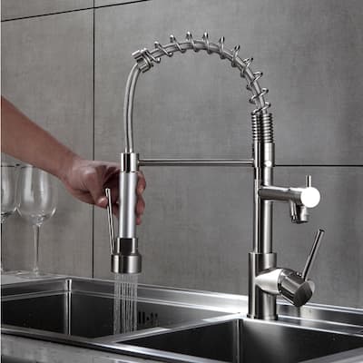 Brushed Nickel High Spring Double Outlets Pull-down Kitchen Faucet