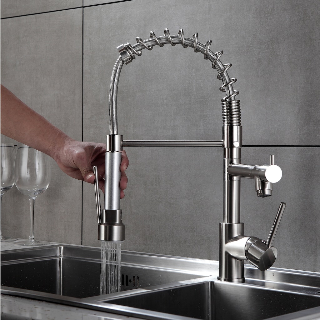 Brushed Nickel High Spring Double Outlets Pull-down Kitchen Faucet