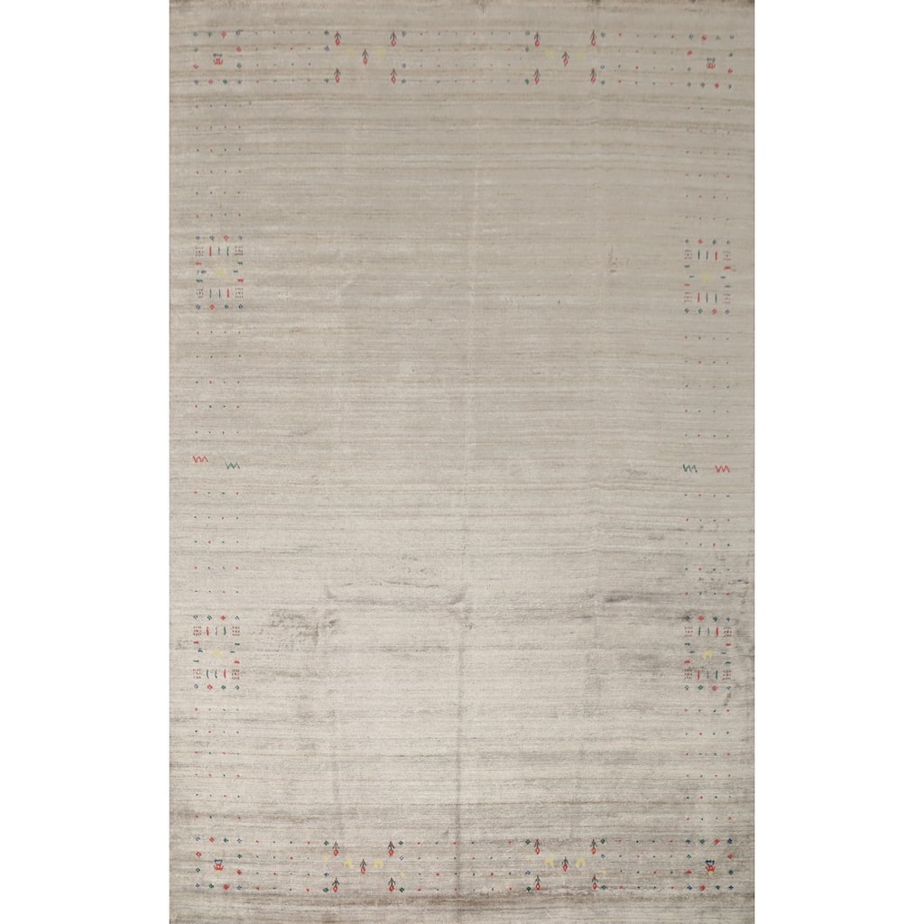 Hand Knotted Oriental Viscose Silk Carpet Tribal Animal Pictorial Beige & Ivories Gabbeh Area Rug - 12' 1'' X 8' 3''