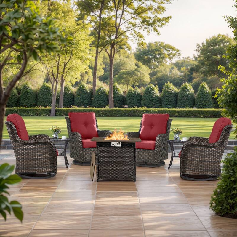 Pocassy Fire Pit Table with Sofa Swivel Chairs Set - Brown Wicker Red Cushion - 7 Pieces Swivel Chair with Fire Table