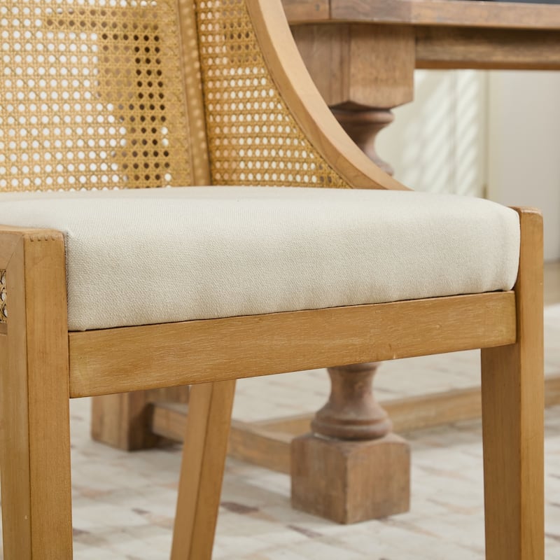 Rattan Dining Chairs, Solid Wood Frame with Decorative Armrests, Linen Upholstered Seat, Wooden Style Side Chairs,Single Pack