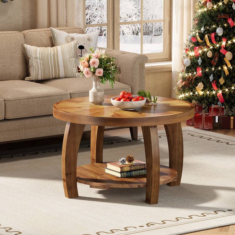 31.5 Inch Solid Wood Round Coffee Table with Storage