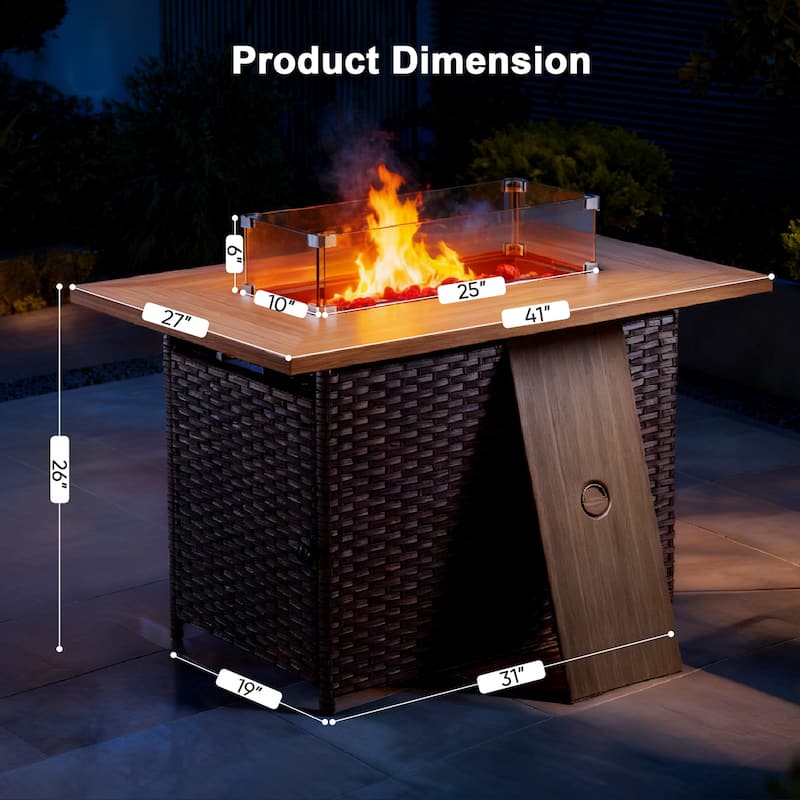 Meyreso 41 in. Rectangular Brown Wicker and Metal Propane Gas Outdoor Fire Pit Table with Lava Rocks, 50000 BTU
