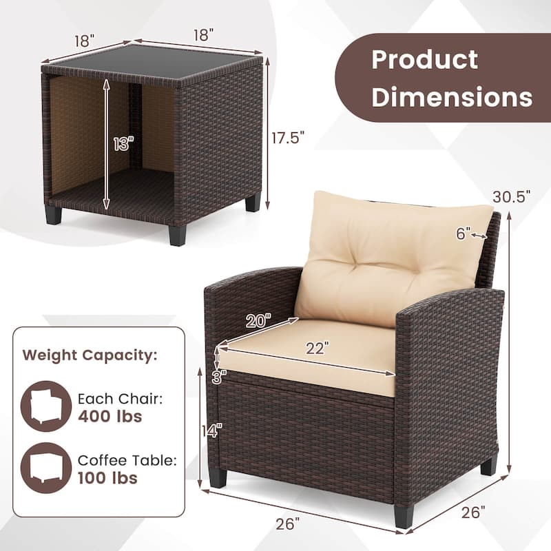 Costway 3 PCS Patio Sofa Set with Cushions & Tempered Glass Tabletop - See Details