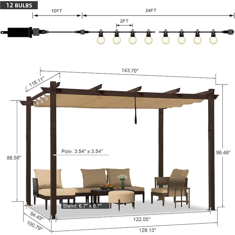PURPLE LEAF Outdoor Retractable Bronze Metal Pergola w Canopy for Beach Deck Gazebo