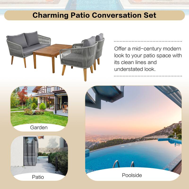 Outdoor Patio Conversation 4-piece Sofa Set with Solid Wood Coffee Table