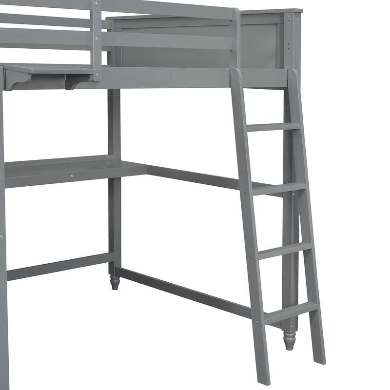 Full Size Loft Bed with Drawers and Writing Desk, Wooden Storage Bed with Shelves, Safety Guardrails and Ladder