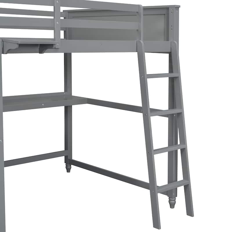 Space-Saving Full Loft Bed with Desk, Drawers, and Shelves in Gray