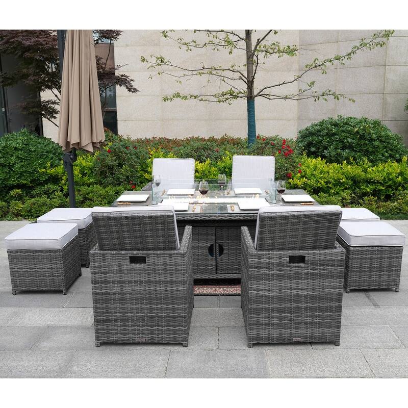 9-Piece Patio Wicker Rectangle Firepit Table with Chairs and Ottomans - Grey