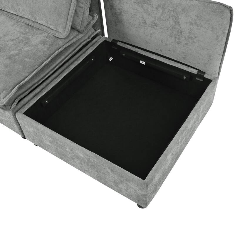 Double-Layer Cushion Modular 4-Seater Sofa with Storage, Grey Polyester, 65x63x32 inches