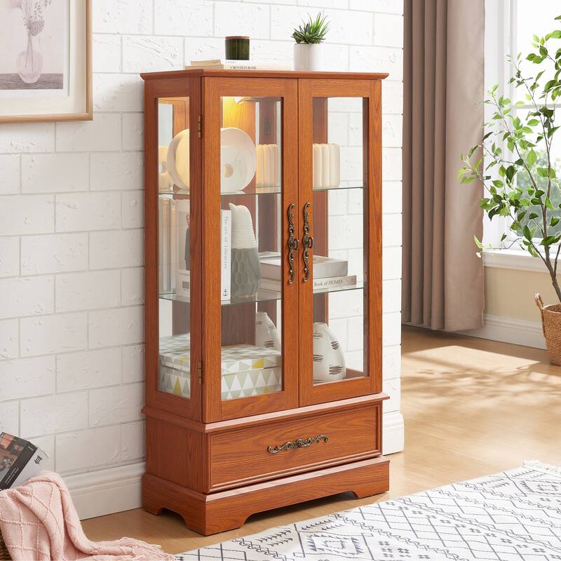 GDFStudio - Traditional Storage Lighted Curio Display Cabinet with Glass Doors and Drawer - Dark Oak