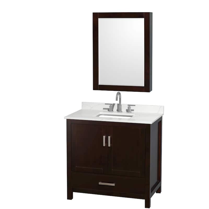Sheffield 36-inch Single Vanity, 3 Hole Quartz Top, Med Cabinet - Espresso, Chrome Trim, Giotto Quartz Top