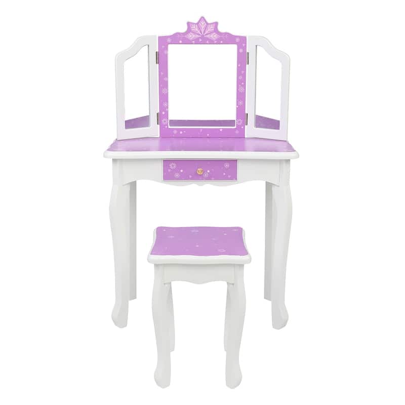 Kids Vanity Table and Stool Set Three-Sided Folding Mirror Single Drawer