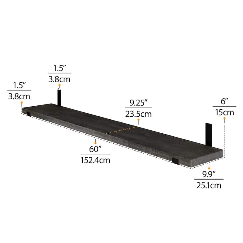 Wallniture Forte Wood Board 60" Long, 9.25'' Deep, 1.5" Thick, Floating Wall Shelf, Hanging Bookshelf, Kitchen, Ebony, 1Pc