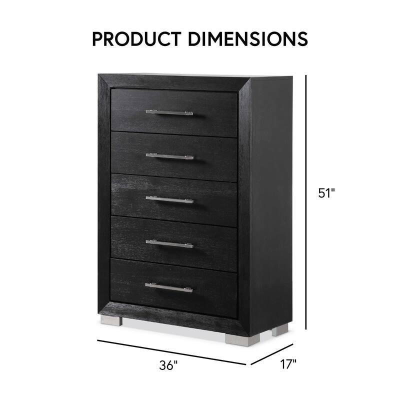 Furniture of America Alaric Modern Black Solid Wood 5-Piece Bedroom Set with 69-inch Makeup Vanity, Chest and 2 Nightstands