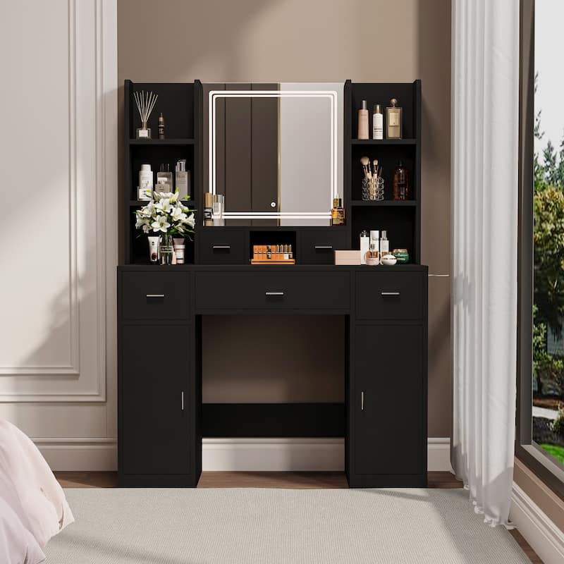 Newly Designed Smart Mirror Dressing Table with Drawers and Storage Cabinet, Dressing Table with Dressing Pad for Bedroom - Black