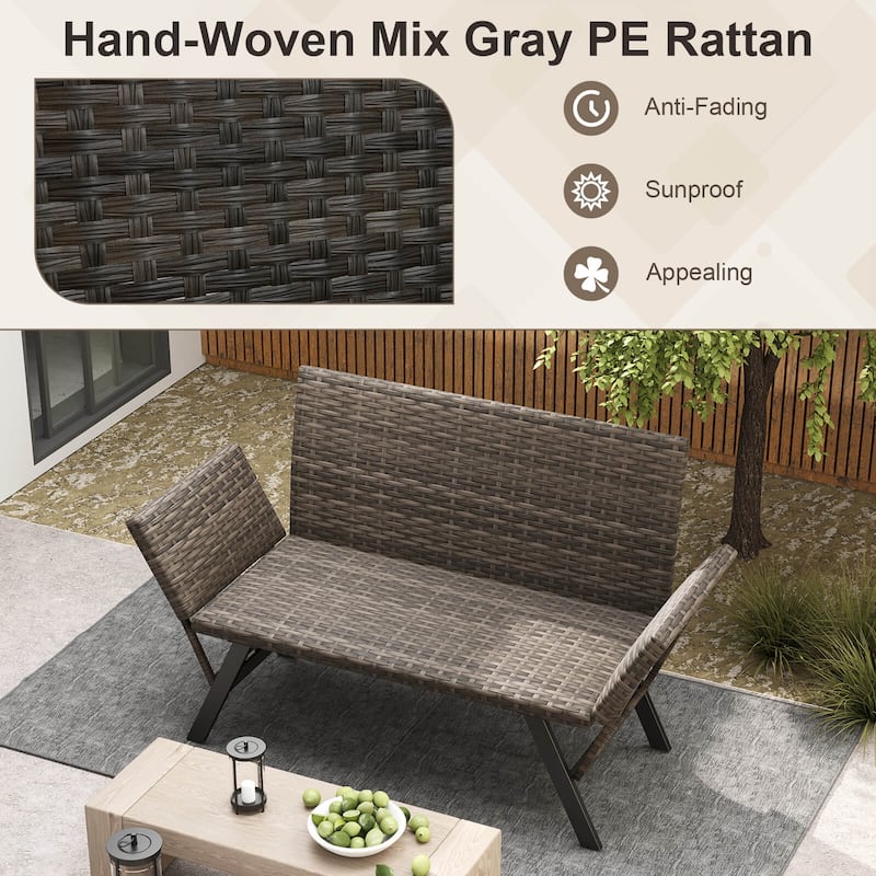 Outdoor Metal Frame Wicker Couch Patio Convertible Sofa for 2